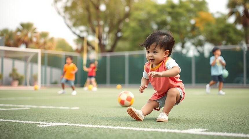 Kisbaba játszik a sportpályán, mozgásprogram során