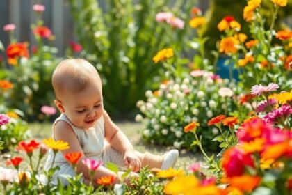 Baba játszik virágok között a kertben kreatív játékötletekkel.