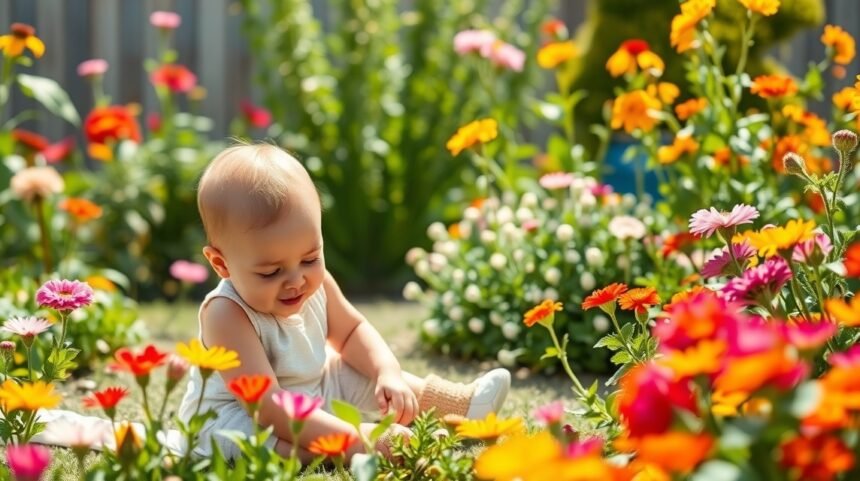 Baba játszik virágok között a kertben kreatív játékötletekkel.