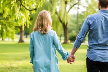 Párkapcsolatban lévő személyek sétálva kéz a kézben egy parkban.