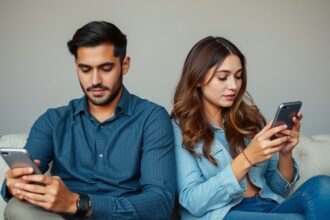 Fiatal pár külön-külön telefonozik a kanapén, kifejezve az eltávolodást.