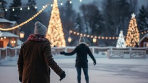 Pár romantikus jégpályázás karácsonyi hangulatban, ünnepi világítás alatt.