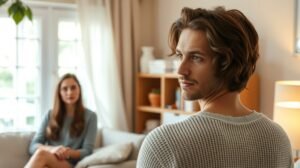 womensway 134 Férfi és nő a nappaliban, érzelmi feszültséggel.