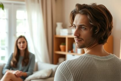 Férfi és nő a nappaliban, érzelmi feszültséggel.