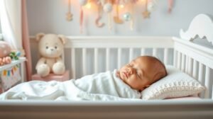 Baba békésen alszik altatódal mellett egy kiságyban.