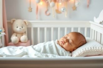 Baba békésen alszik altatódal mellett egy kiságyban.