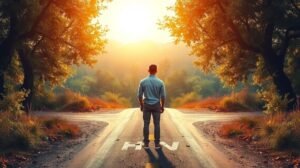 Egy férfi egy naplementében áll egy elágazás előtt, elgondolkodva a jövőn.