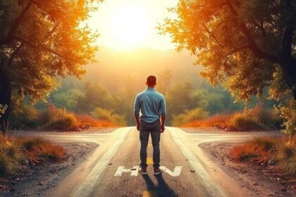 Egy férfi egy naplementében áll egy elágazás előtt, elgondolkodva a jövőn.