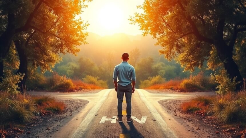Egy férfi egy naplementében áll egy elágazás előtt, elgondolkodva a jövőn.