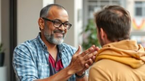 womensway 132 Két férfi együtt beszélget, barátságos és figyelmes légkörben.