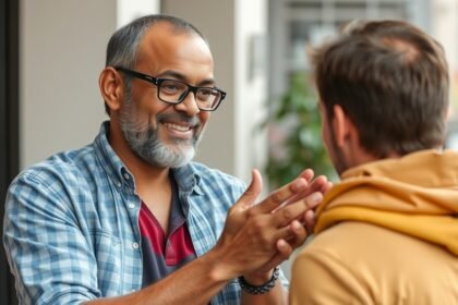 Két férfi együtt beszélget, barátságos és figyelmes légkörben.