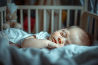 Baba alszik a kiságyban, puha takaró alatt.