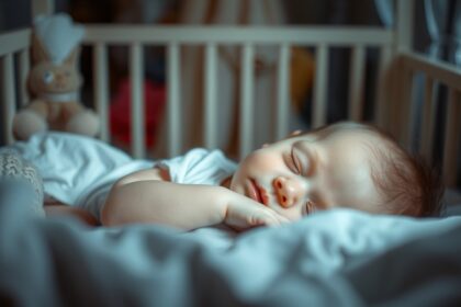 Baba alszik a kiságyban, puha takaró alatt.