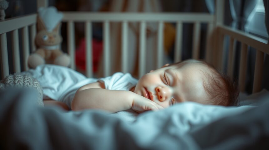 Baba alszik a kiságyban, puha takaró alatt.