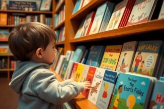 Baba nézeget egy babakönyvet a könyvesboltban