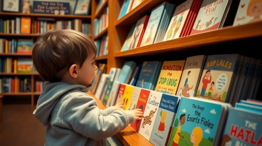 Baba nézeget egy babakönyvet a könyvesboltban