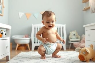 Baba pelenkázás közben a szobában, vidám mosollyal