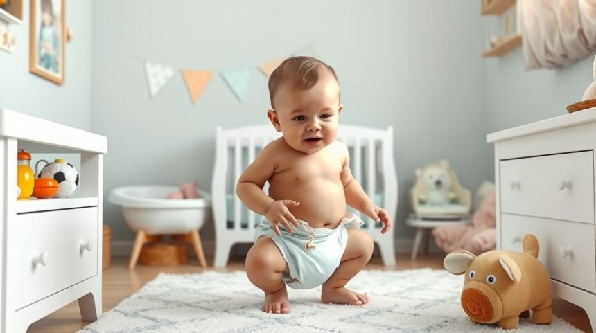 Baba pelenkázás közben a szobában, vidám mosollyal