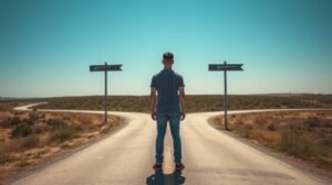 Férfi áll egy kereszteződésnél, ahol két út vezet különböző irányokba.