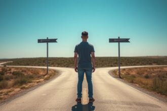 Férfi áll egy kereszteződésnél, ahol két út vezet különböző irányokba.