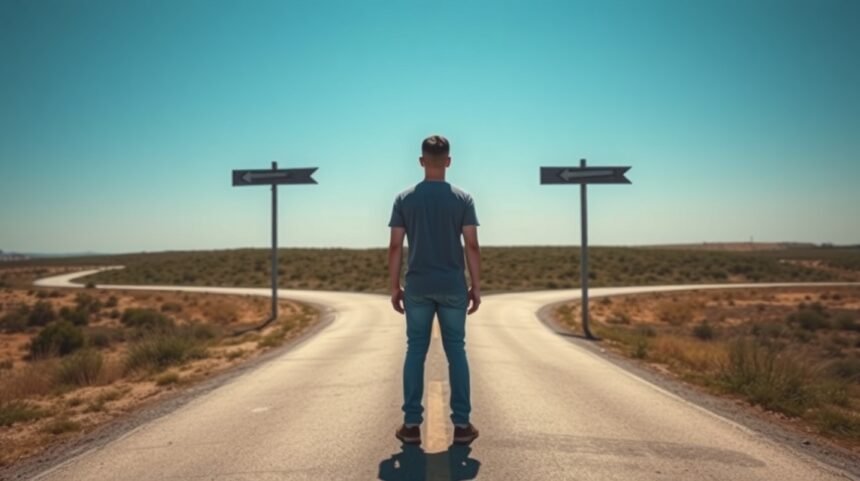 Férfi áll egy kereszteződésnél, ahol két út vezet különböző irányokba.