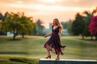 Egy nő virágos ruhaében sétál egy parkban naplementében.