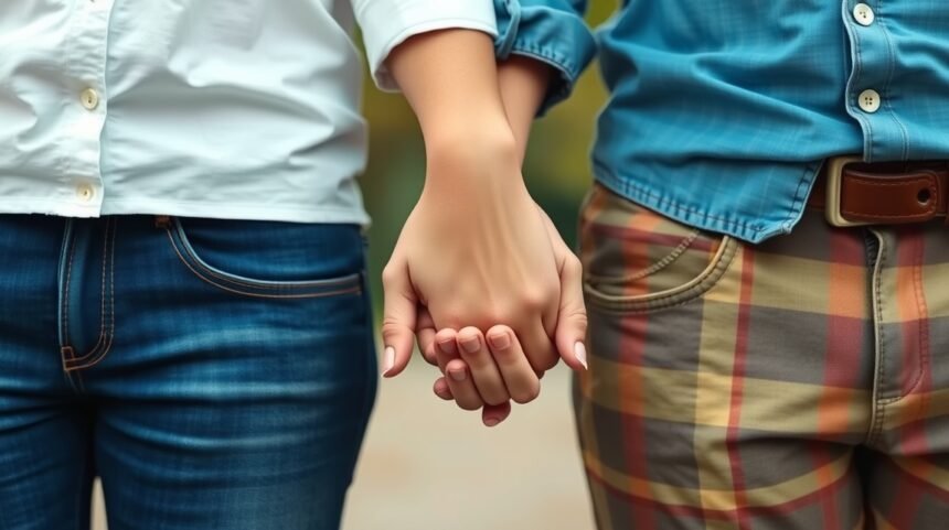 Két ember kézen fogva, a kapcsolat elkötelezettségének jelképe.