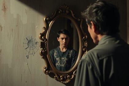 Egy fiatal férfi tükröződik egy díszes tükörben, introspektív pillanat.