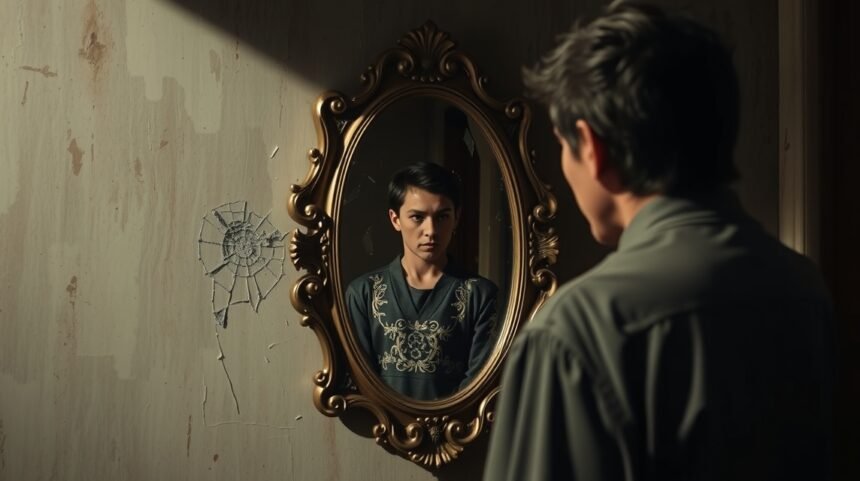 Egy fiatal férfi tükröződik egy díszes tükörben, introspektív pillanat.