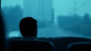 Férfi ül egy buszon, a távolságtartás jeleit mutatja.