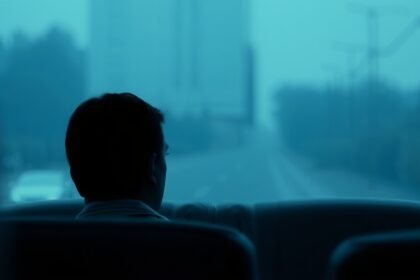 Férfi ül egy buszon, a távolságtartás jeleit mutatja.