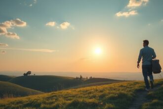 Férfi, aki a naplementében sétál, búcsúzik a múlttól.