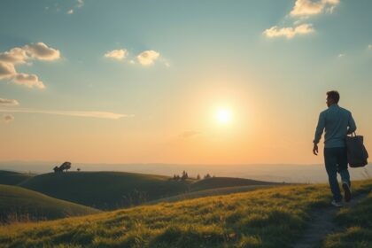 Férfi, aki a naplementében sétál, búcsúzik a múlttól.