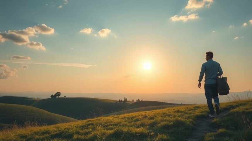Férfi, aki a naplementében sétál, búcsúzik a múlttól.