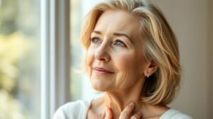 Idősebb nő néz a távolba, szépségápolás és bőrápolás témája.
