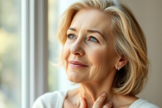 Idősebb nő néz a távolba, szépségápolás és bőrápolás témája.