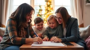 Családi újévi fogadalmak készítése, szeretetteljes pillanatokkal.