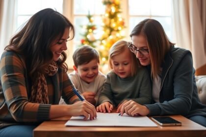 Családi újévi fogadalmak készítése, szeretetteljes pillanatokkal.