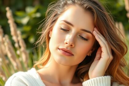 Nő érzékeny bőr ápolása közben, természetes háttérben.