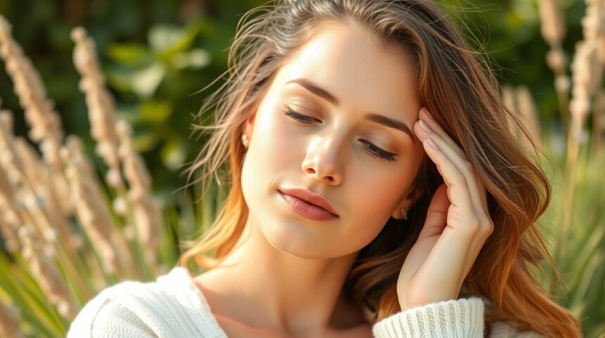 Nő érzékeny bőr ápolása közben, természetes háttérben.