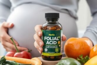 Folsav kiegészítő várandós nő kezei között zöldségekkel