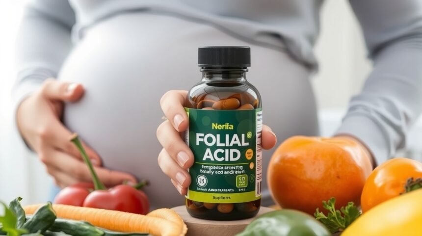 Folsav kiegészítő várandós nő kezei között zöldségekkel