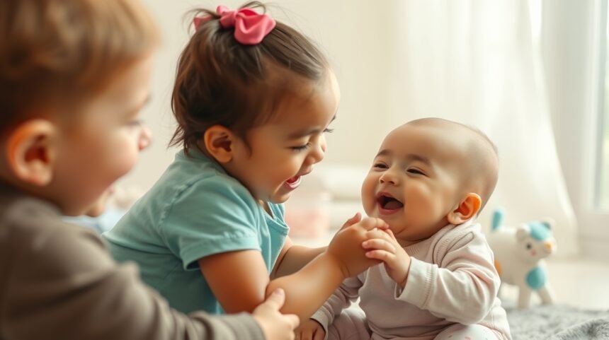 Két kisgyermek játszik együtt, boldogan nevetve.