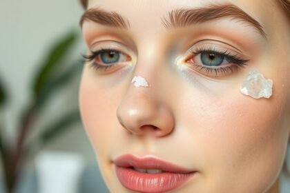 Nő arcán bőrápoló krémet alkalmazva, figyelmes szépségápolás