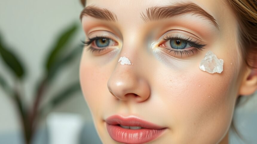 Nő arcán bőrápoló krémet alkalmazva, figyelmes szépségápolás