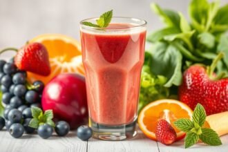 Tápanyagban gazdag smoothie friss gyümölcsökkel és zöldségekkel