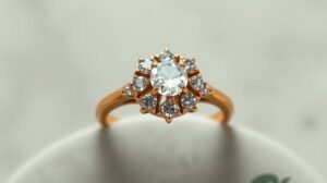 Gyönyörű eljegyzési gyűrű briliáns kövekkel és arany színben.