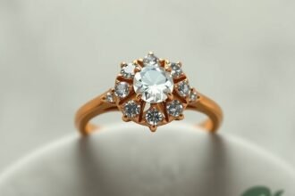 Gyönyörű eljegyzési gyűrű briliáns kövekkel és arany színben.