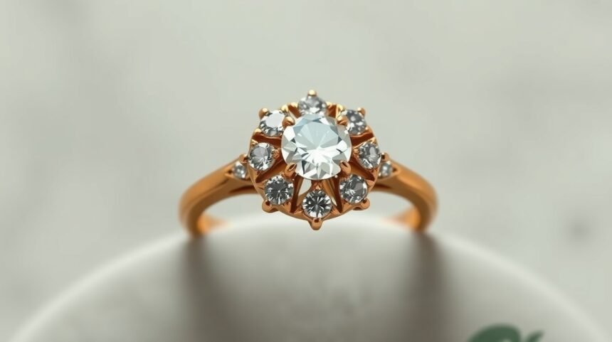 Gyönyörű eljegyzési gyűrű briliáns kövekkel és arany színben.