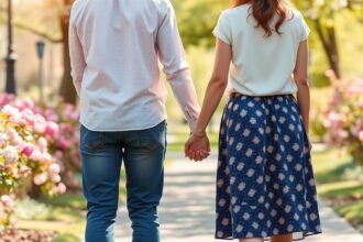 Pár kézen fogva sétál a virágos úton, jelezve a kapcsolatot és a szeretetet.